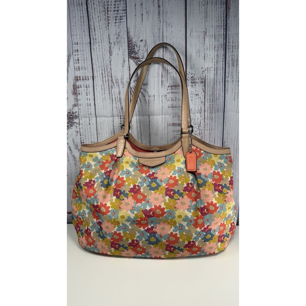 Coach Peyton Floral Print Tote Bag F28931 - Beige Leather Trim READ